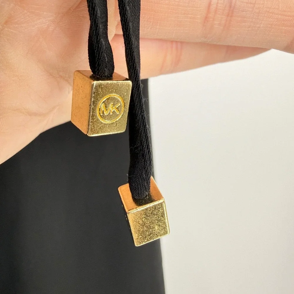Michael Kors Black Wide Leg Drawstring Pants Gold MK Logo‎ Aglets Womens Small